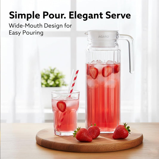 AGARO Elegant Glass Jug with Lid 1.1L | Transparent Multipurpose Beverage Carafe with Easy Pour Spout & Strong Handle | Ideal for Water, Juice, Milk, Lassi & Cocktails