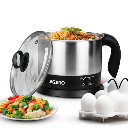 AGARO Esteem Electric Multipurpose Kettle 1.2L | 600W Stainless Steel Multi Cooker with Egg & Grill Rack | 3 Heating Modes for Tea, Coffee, Soup, Noodles & Rapid Boiling (Black)
