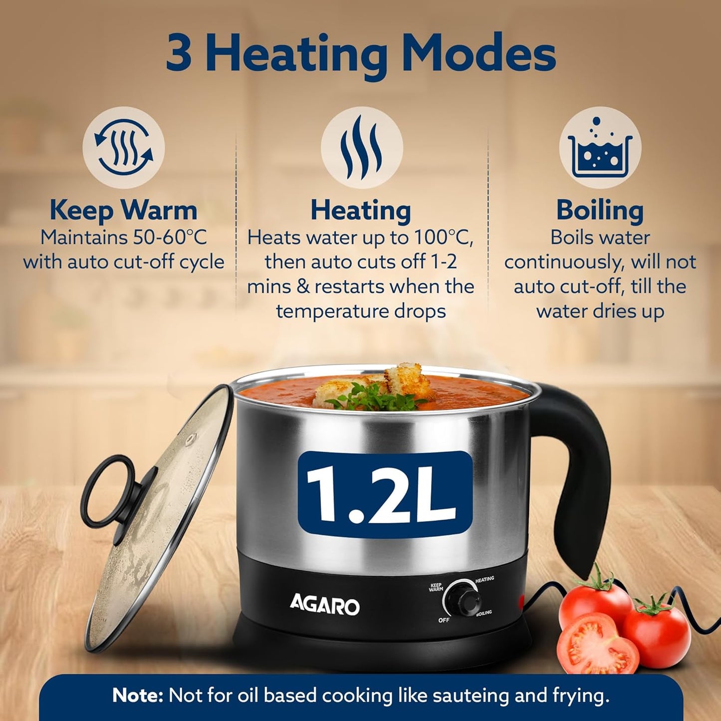 AGARO Esteem Electric Multipurpose Kettle 1.2L | 600W Stainless Steel Multi Cooker with Egg & Grill Rack | 3 Heating Modes for Tea, Coffee, Soup, Noodles & Rapid Boiling (Black)
