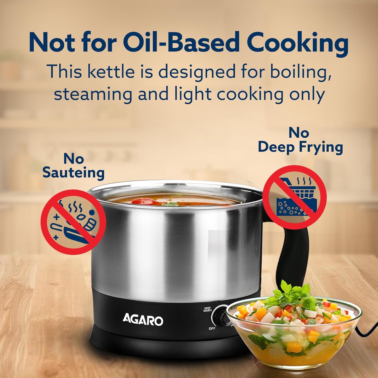 AGARO Esteem Electric Multipurpose Kettle 1.2L | 600W Stainless Steel Multi Cooker with Egg & Grill Rack | 3 Heating Modes for Tea, Coffee, Soup, Noodles & Rapid Boiling (Black)
