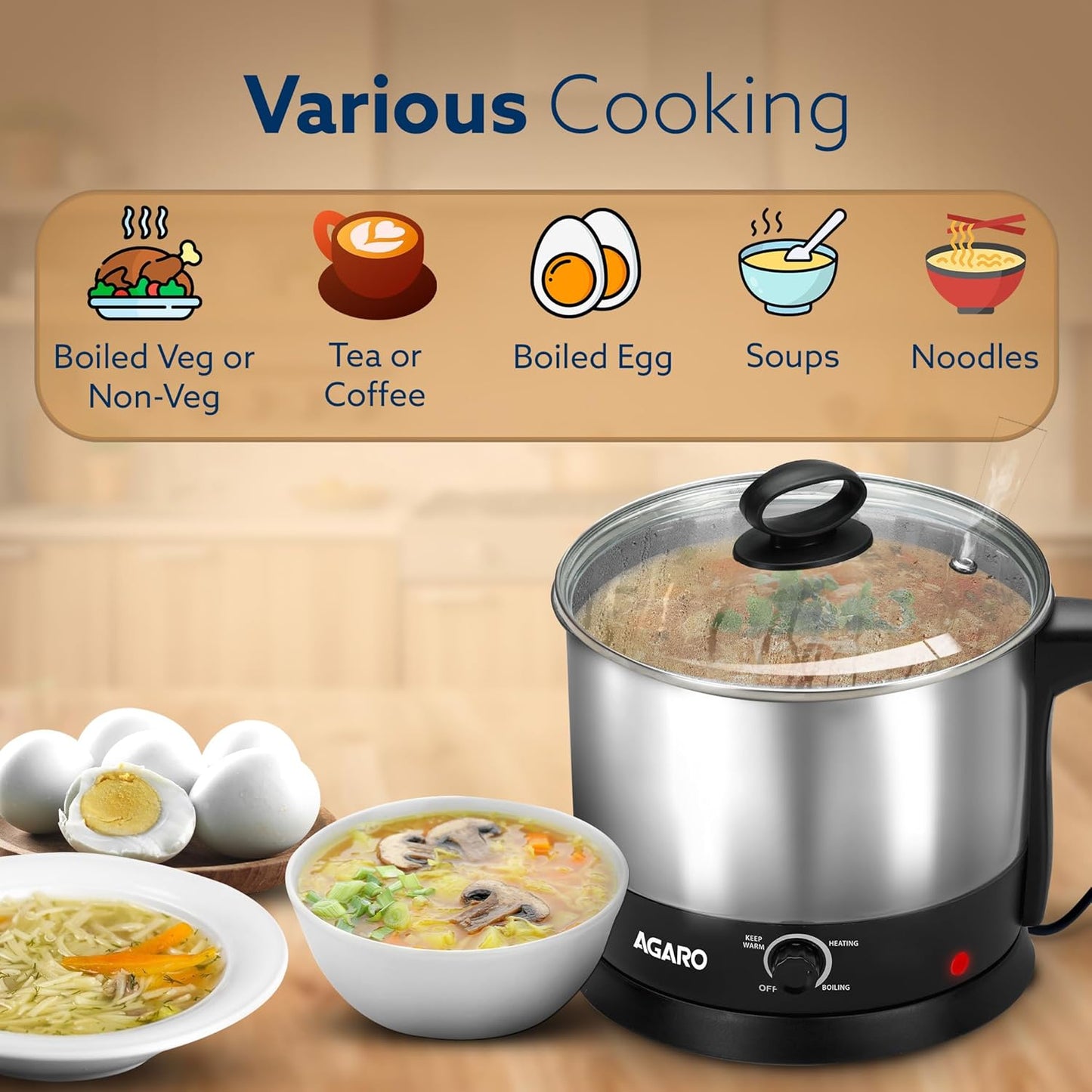 AGARO Esteem Electric Multipurpose Kettle 1.2L | 600W Stainless Steel Multi Cooker with Egg & Grill Rack | 3 Heating Modes for Tea, Coffee, Soup, Noodles & Rapid Boiling (Black)