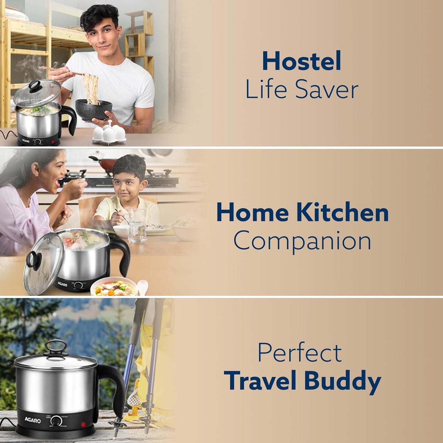 AGARO Esteem Electric Multipurpose Kettle 1.2L | 600W Stainless Steel Multi Cooker with Egg & Grill Rack | 3 Heating Modes for Tea, Coffee, Soup, Noodles & Rapid Boiling (Black)