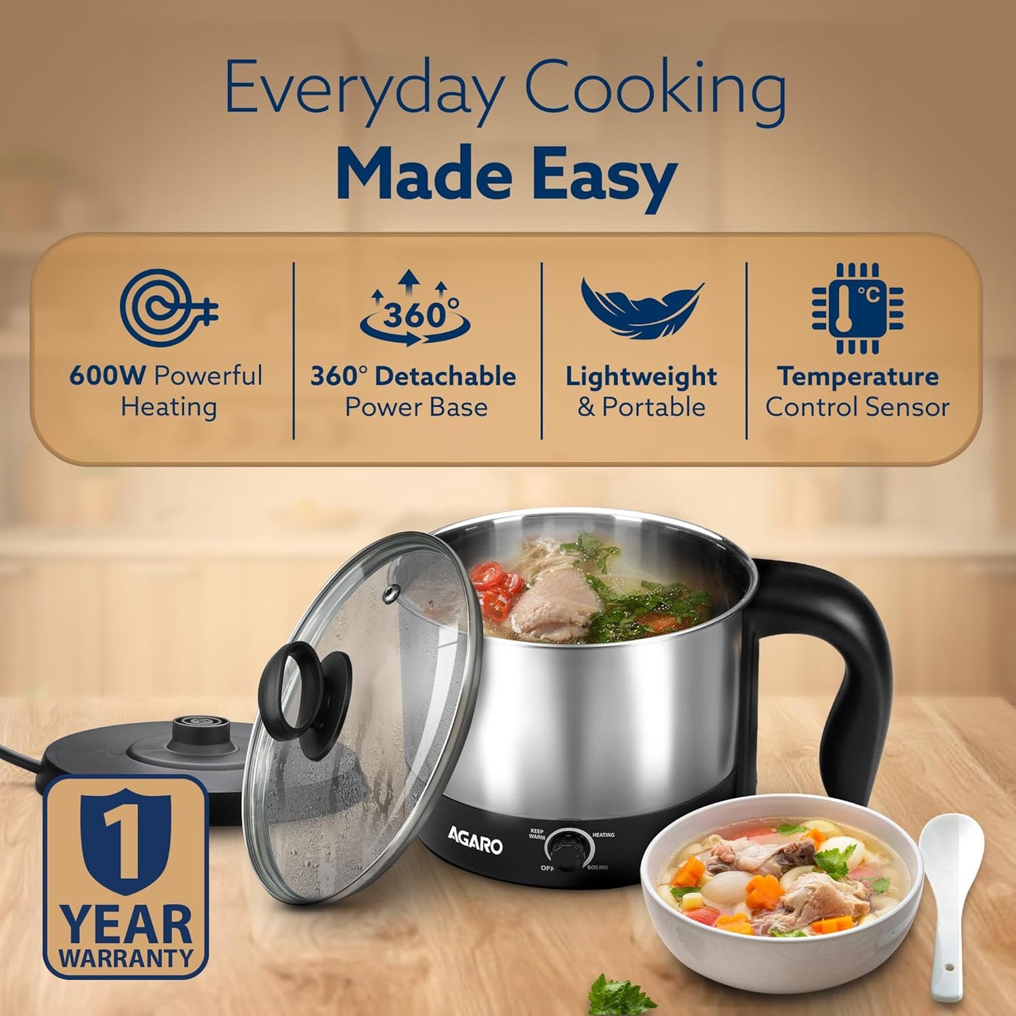 AGARO Esteem Electric Multipurpose Kettle 1.2L | 600W Stainless Steel Multi Cooker with Egg & Grill Rack | 3 Heating Modes for Tea, Coffee, Soup, Noodles & Rapid Boiling (Black)
