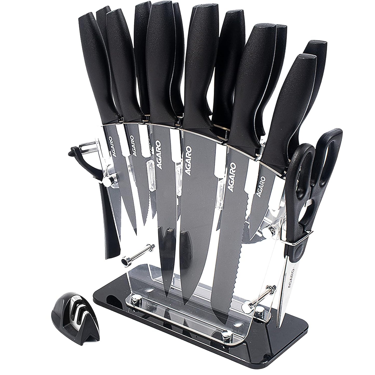 AGARO Grand 17-Piece Kitchen Knife Set | High Carbon Stainless Steel | 13 Knives + Stand, Scissors, Peeler & Sharpener | Professional Chef Set for Home & Restaurant (Black)