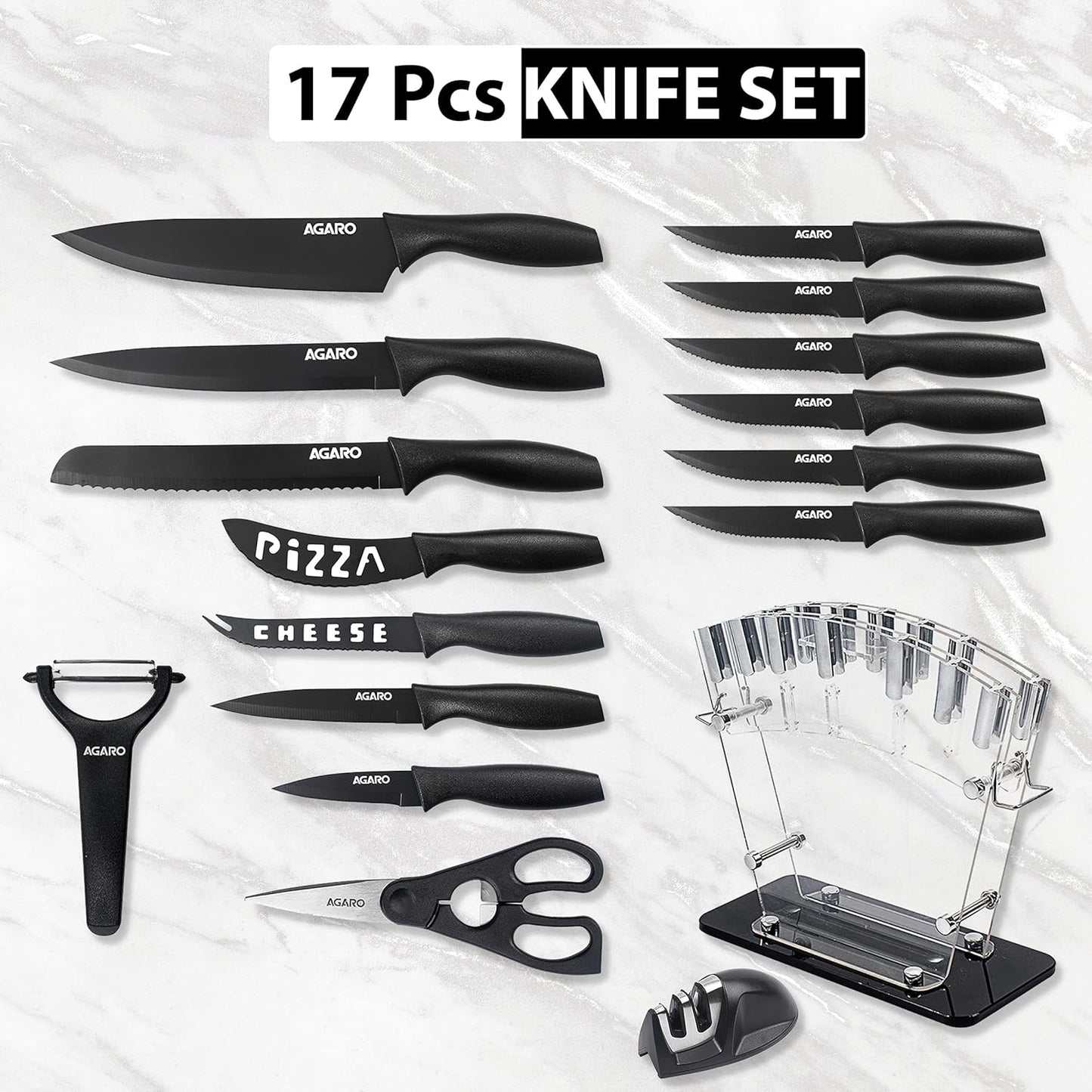 AGARO Grand 17-Piece Kitchen Knife Set | High Carbon Stainless Steel | 13 Knives + Stand, Scissors, Peeler & Sharpener | Professional Chef Set for Home & Restaurant (Black)