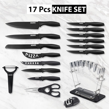 AGARO Grand 17-Piece Kitchen Knife Set | High Carbon Stainless Steel | 13 Knives + Stand, Scissors, Peeler & Sharpener | Professional Chef Set for Home & Restaurant (Black)