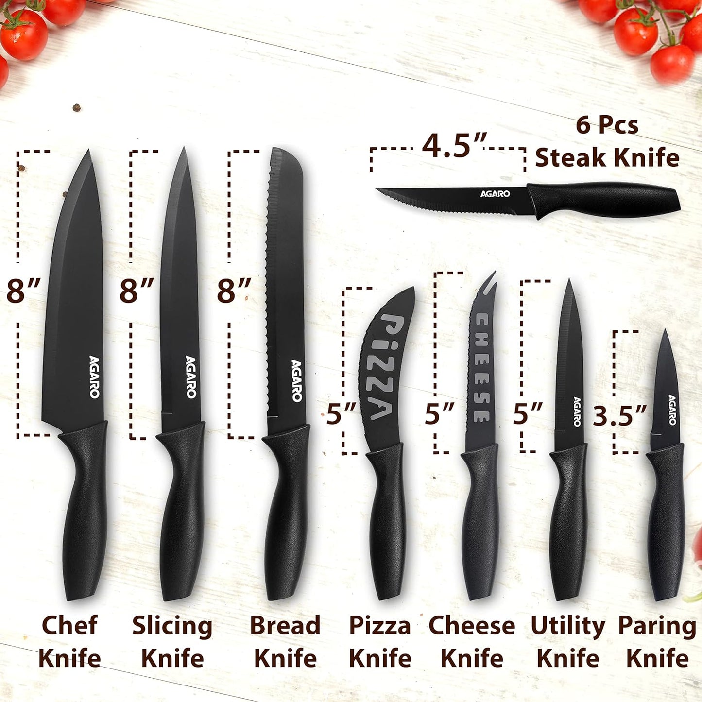 AGARO Grand 17-Piece Kitchen Knife Set | High Carbon Stainless Steel | 13 Knives + Stand, Scissors, Peeler & Sharpener | Professional Chef Set for Home & Restaurant (Black)
