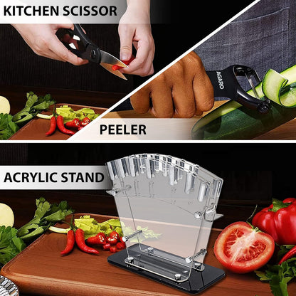 AGARO Grand 17-Piece Kitchen Knife Set | High Carbon Stainless Steel | 13 Knives + Stand, Scissors, Peeler & Sharpener | Professional Chef Set for Home & Restaurant (Black)