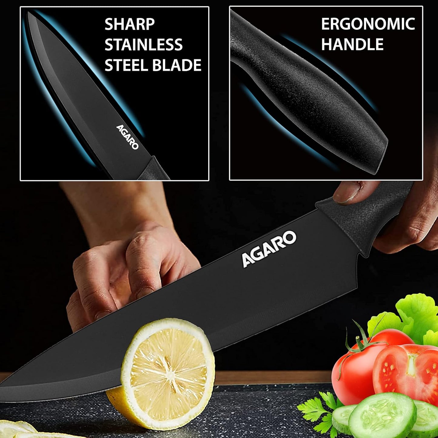 AGARO Grand 17-Piece Kitchen Knife Set | High Carbon Stainless Steel | 13 Knives + Stand, Scissors, Peeler & Sharpener | Professional Chef Set for Home & Restaurant (Black)