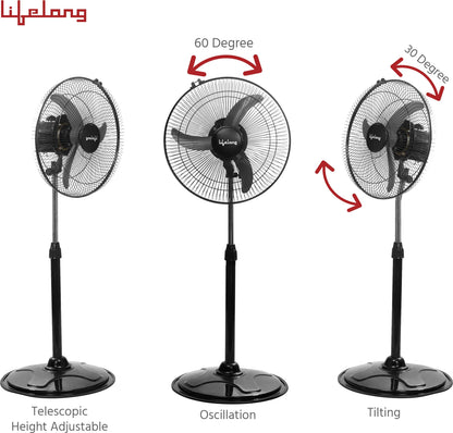 Lifelong LLPF02 400mm Ultra High Speed Pedestal Fan | 1350 RPM | Height Adjustable | Oscillation| Black