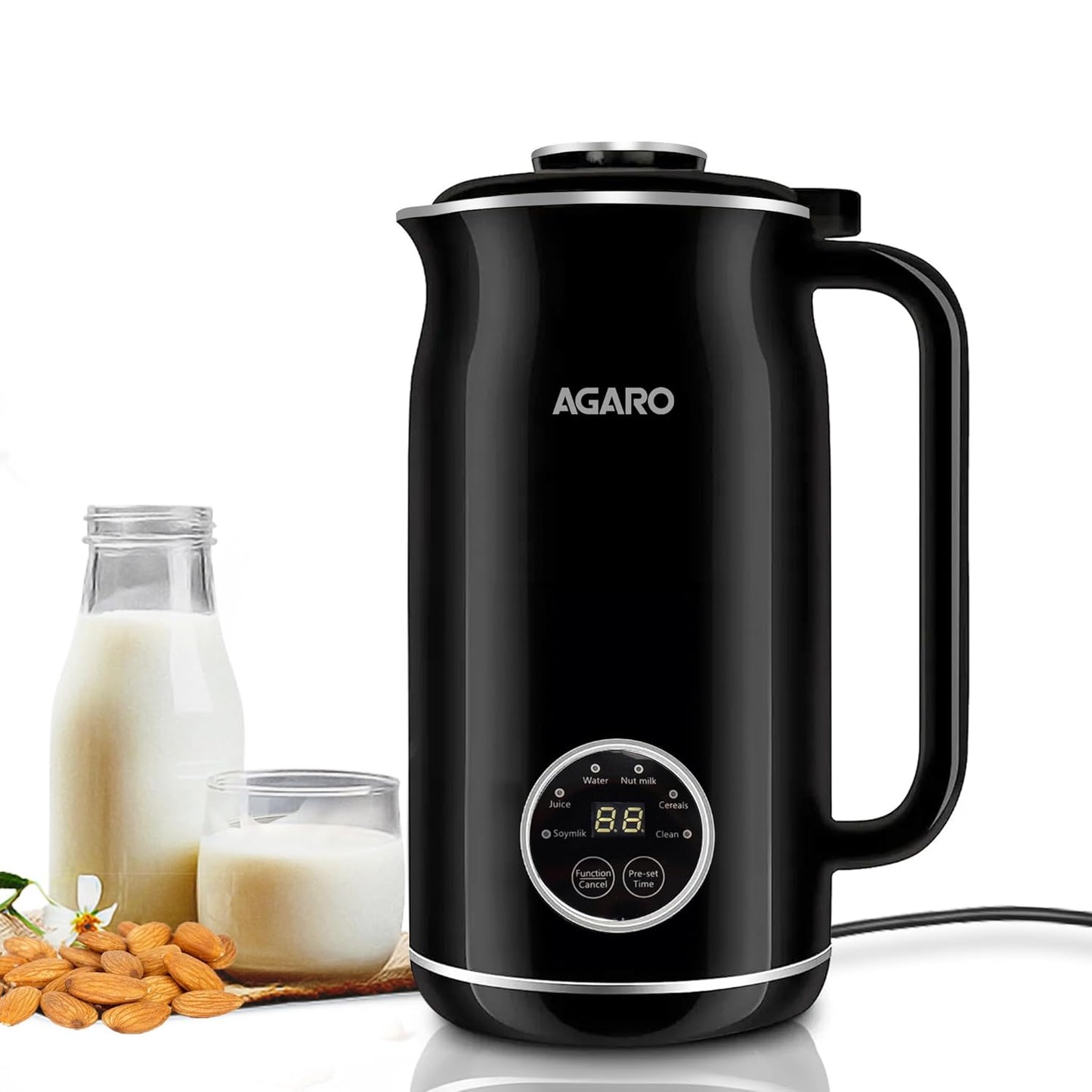 AGARO Regency Automatic Nut Milk Maker | Vegan Milk Machine for Almond, Soya & Oat Milk | Multifunction Stainless Steel Maker with Boil, Juice & Cereal Functions | 600ml (Black)