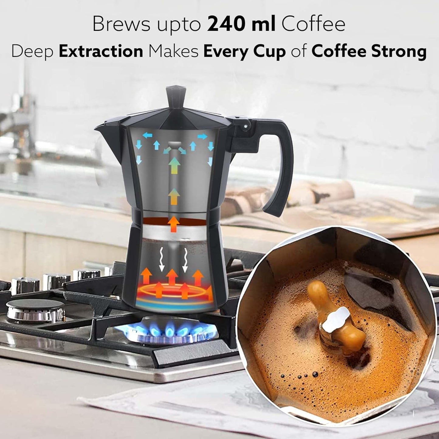 AGARO Classic Moka Pot 240ml | Stovetop Espresso Coffee Maker | Premium Aluminium Italian Style Coffee Brewer | Black