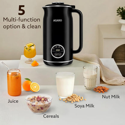 AGARO Regency Automatic Nut Milk Maker | Vegan Milk Machine for Almond, Soya & Oat Milk | Multifunction Stainless Steel Maker with Boil, Juice & Cereal Functions | 600ml (Black)