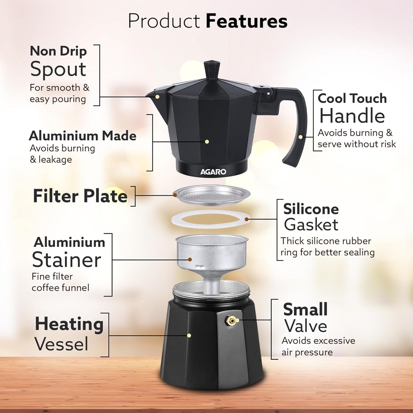 AGARO Classic Moka Pot 240ml | Stovetop Espresso Coffee Maker | Premium Aluminium Italian Style Coffee Brewer | Black