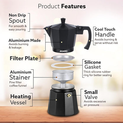 AGARO Classic Moka Pot 240ml | Stovetop Espresso Coffee Maker | Premium Aluminium Italian Style Coffee Brewer | Black