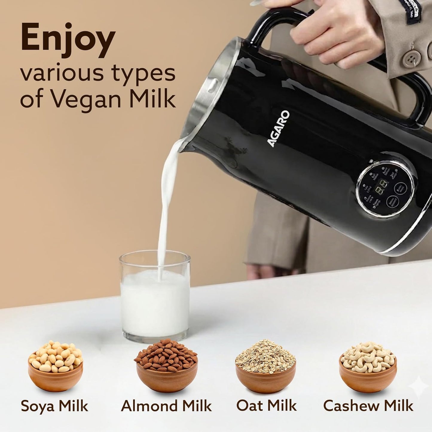 AGARO Regency Automatic Nut Milk Maker | Vegan Milk Machine for Almond, Soya & Oat Milk | Multifunction Stainless Steel Maker with Boil, Juice & Cereal Functions | 600ml (Black)