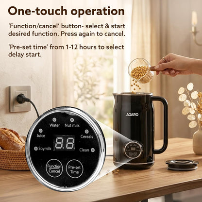 AGARO Regency Automatic Nut Milk Maker | Vegan Milk Machine for Almond, Soya & Oat Milk | Multifunction Stainless Steel Maker with Boil, Juice & Cereal Functions | 600ml (Black)