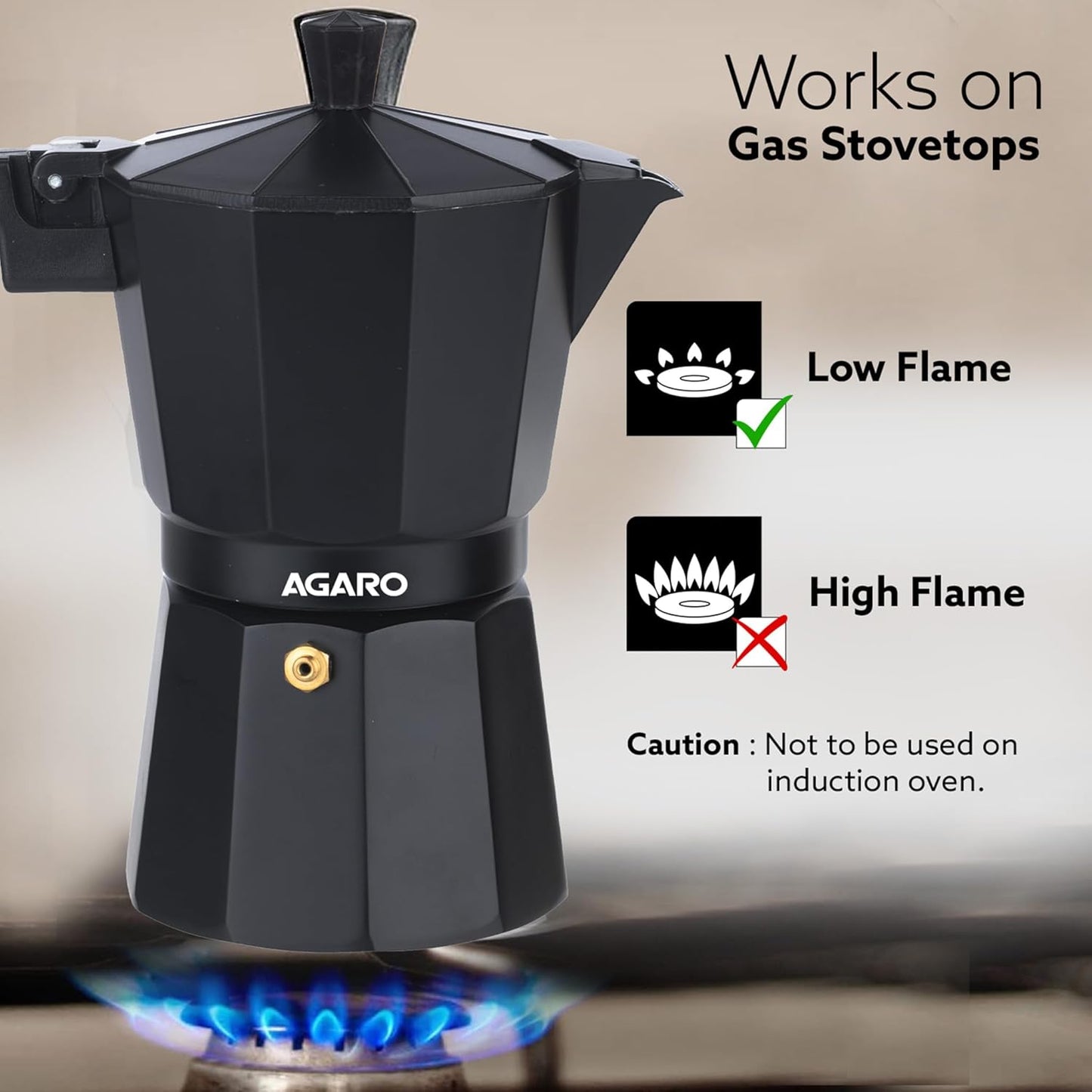 AGARO Classic Moka Pot 240ml | Stovetop Espresso Coffee Maker | Premium Aluminium Italian Style Coffee Brewer | Black