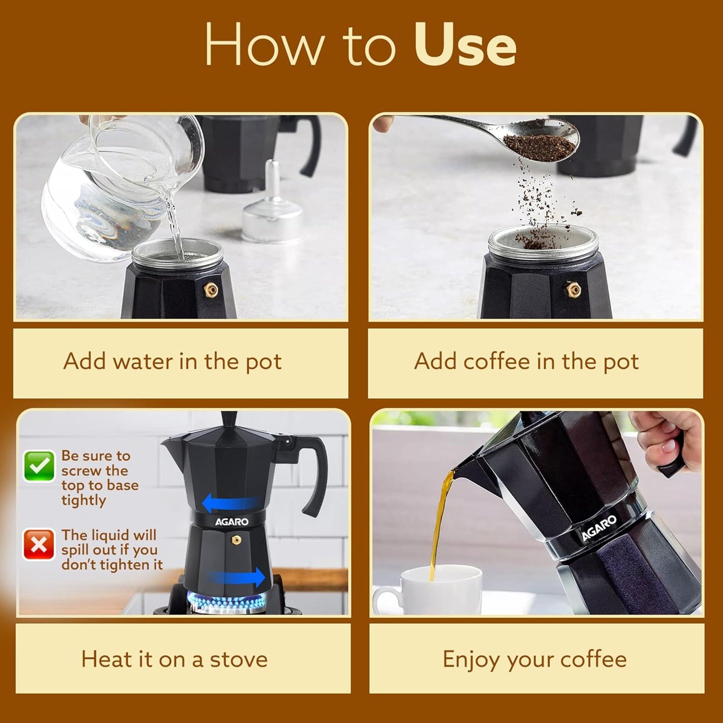 AGARO Classic Moka Pot 240ml | Stovetop Espresso Coffee Maker | Premium Aluminium Italian Style Coffee Brewer | Black