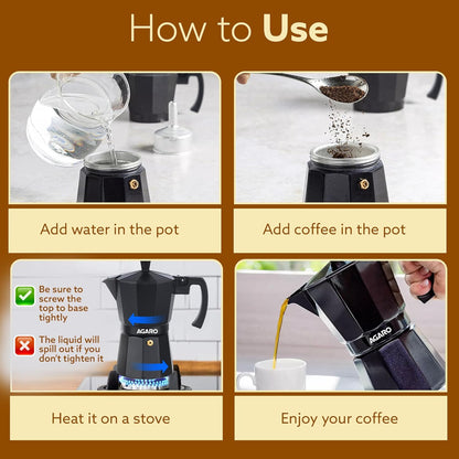 AGARO Classic Moka Pot 240ml | Stovetop Espresso Coffee Maker | Premium Aluminium Italian Style Coffee Brewer | Black
