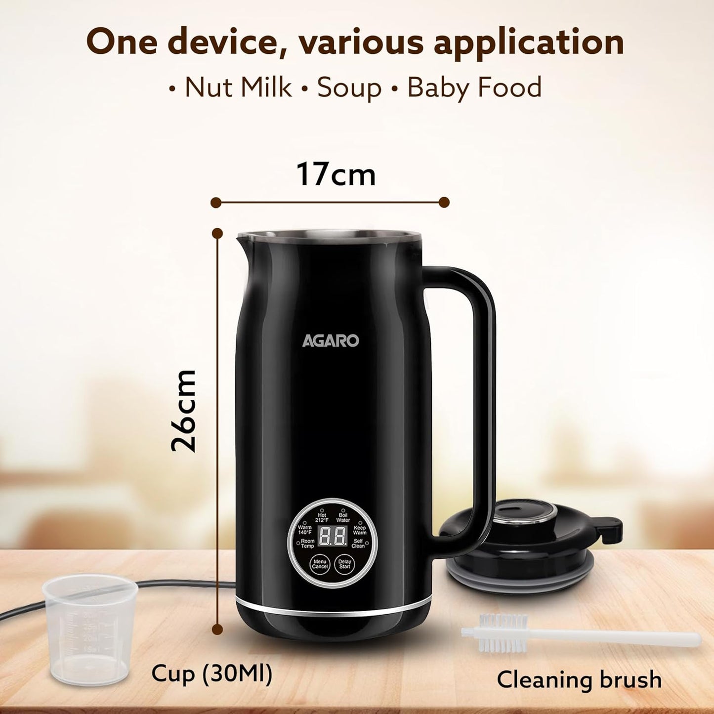 AGARO Regency Automatic Nut Milk Maker | Vegan Milk Machine for Almond, Soya & Oat Milk | Multifunction Stainless Steel Maker with Boil, Juice & Cereal Functions | 600ml (Black)