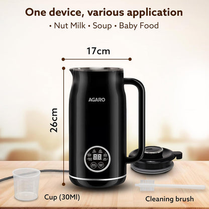 AGARO Regency Automatic Nut Milk Maker | Vegan Milk Machine for Almond, Soya & Oat Milk | Multifunction Stainless Steel Maker with Boil, Juice & Cereal Functions | 600ml (Black)