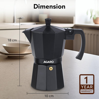 AGARO Classic Moka Pot 240ml | Stovetop Espresso Coffee Maker | Premium Aluminium Italian Style Coffee Brewer | Black