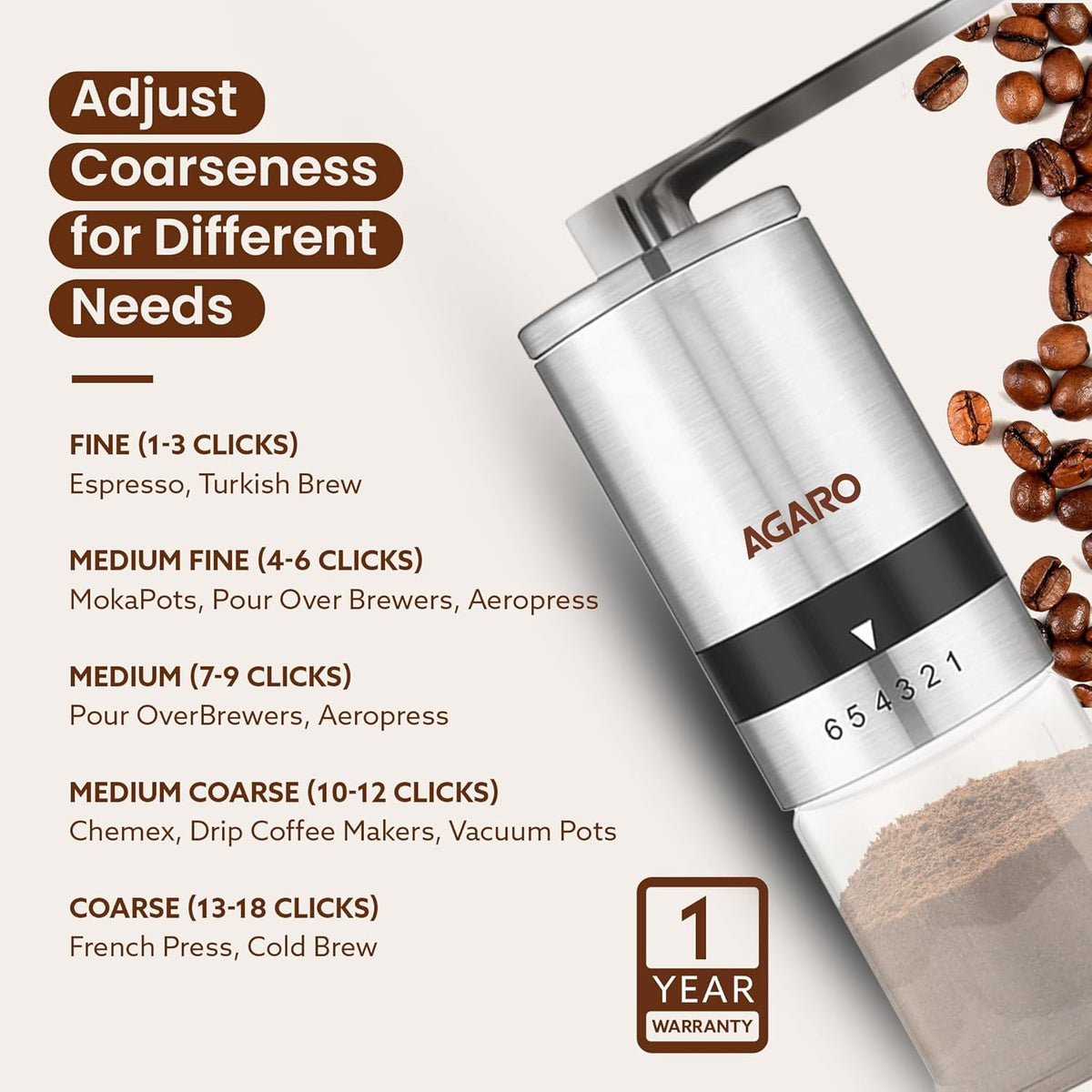 AGARO Elite Manual Coffee Grinder | Ceramic Burr Grinder with 6 Adjustable Grind Settings | Stainless Steel Hand Coffee Mill | Glass Bean Jar | Perfect for Espresso, Drip, French Press & Pour Over