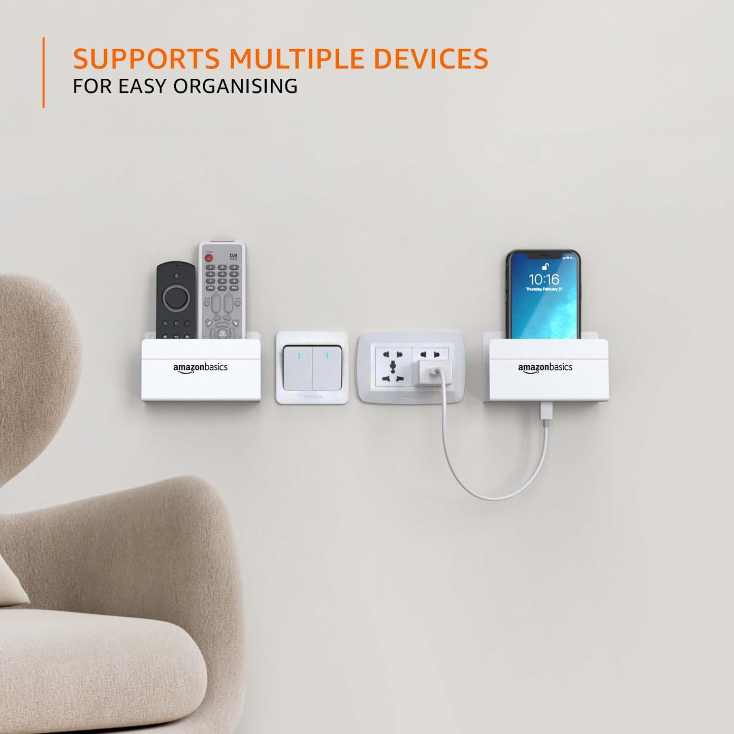Amazon Basics Wall Mounted Mobile Holder with Strong Adhesive | Charging Slot Phone Stand | Multipurpose Storage Case (White)