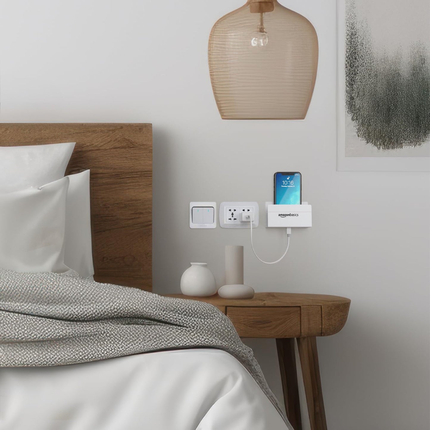 Amazon Basics Wall Mounted Mobile Holder with Strong Adhesive | Charging Slot Phone Stand | Multipurpose Storage Case (White)
