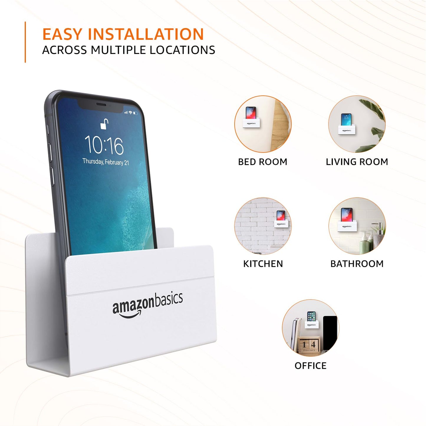 Amazon Basics Wall Mounted Mobile Holder with Strong Adhesive | Charging Slot Phone Stand | Multipurpose Storage Case (White)