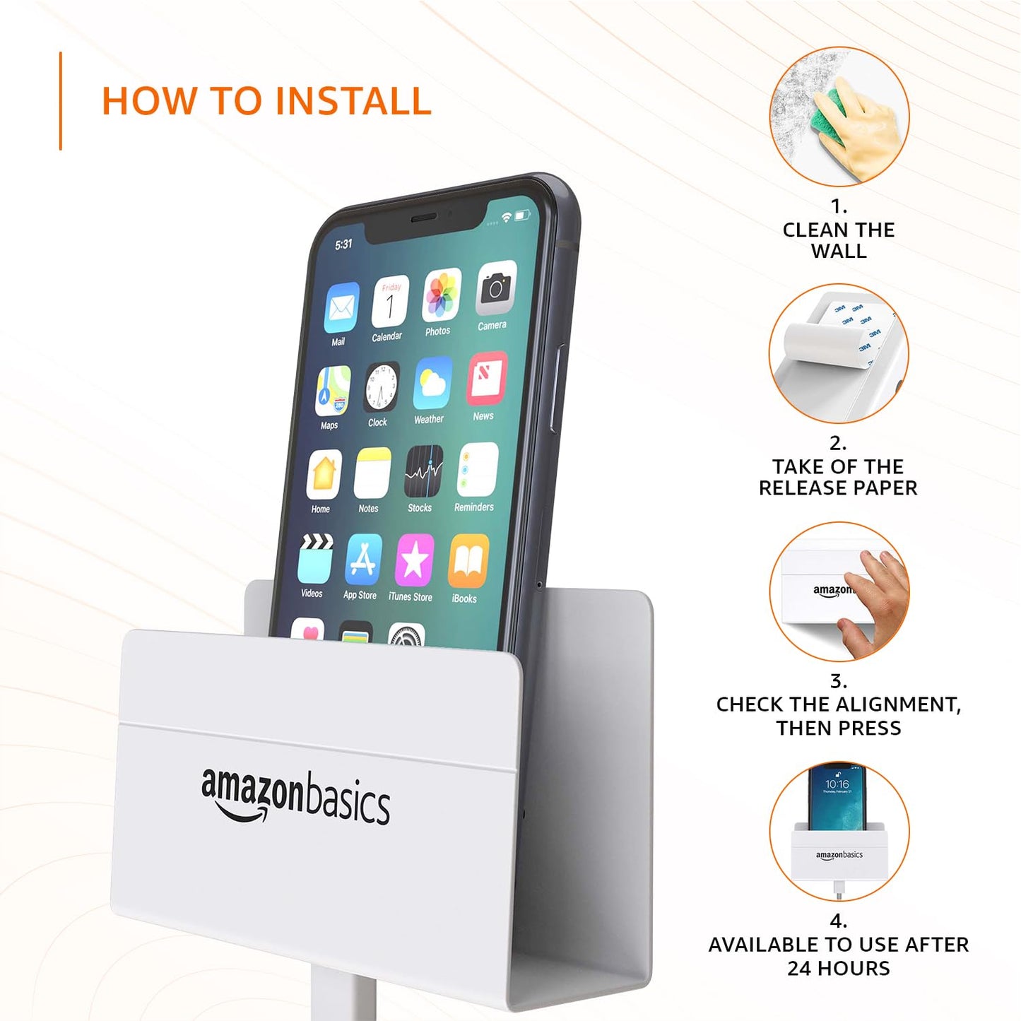Amazon Basics Wall Mounted Mobile Holder with Strong Adhesive | Charging Slot Phone Stand | Multipurpose Storage Case (White)