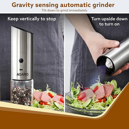 AGARO Gravity Electric Salt & Pepper Grinder | Automatic Rechargeable Spice Mill | Adjustable Coarseness | Refillable Stainless Steel Salt & Pepper Shaker
