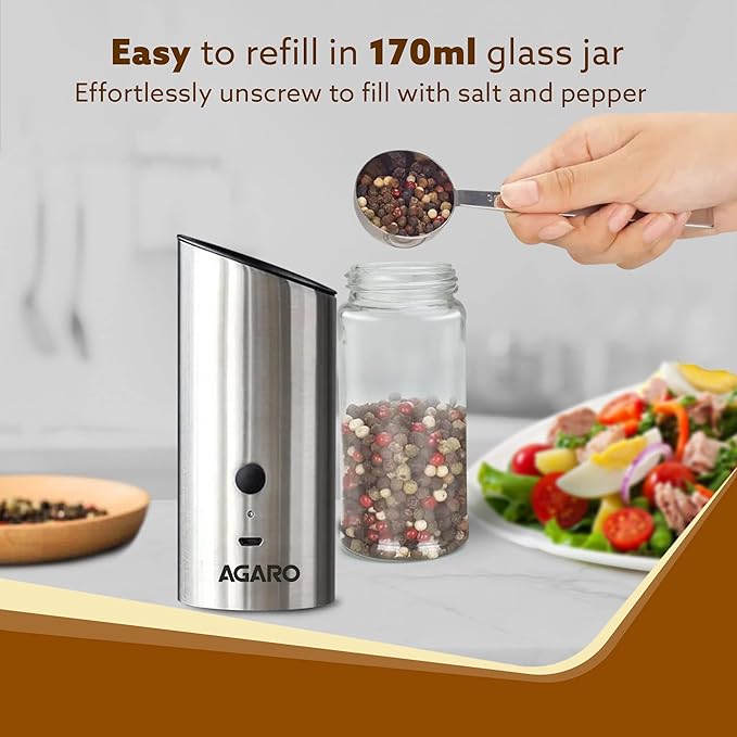 AGARO Gravity Electric Salt & Pepper Grinder | Automatic Rechargeable Spice Mill | Adjustable Coarseness | Refillable Stainless Steel Salt & Pepper Shaker