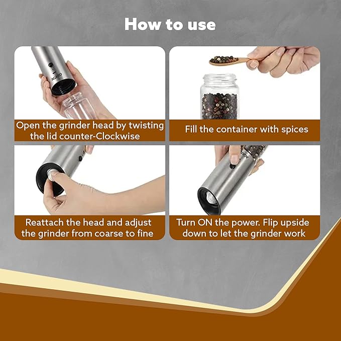 AGARO Gravity Electric Salt & Pepper Grinder | Automatic Rechargeable Spice Mill | Adjustable Coarseness | Refillable Stainless Steel Salt & Pepper Shaker