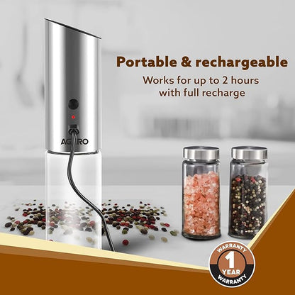AGARO Gravity Electric Salt & Pepper Grinder | Automatic Rechargeable Spice Mill | Adjustable Coarseness | Refillable Stainless Steel Salt & Pepper Shaker