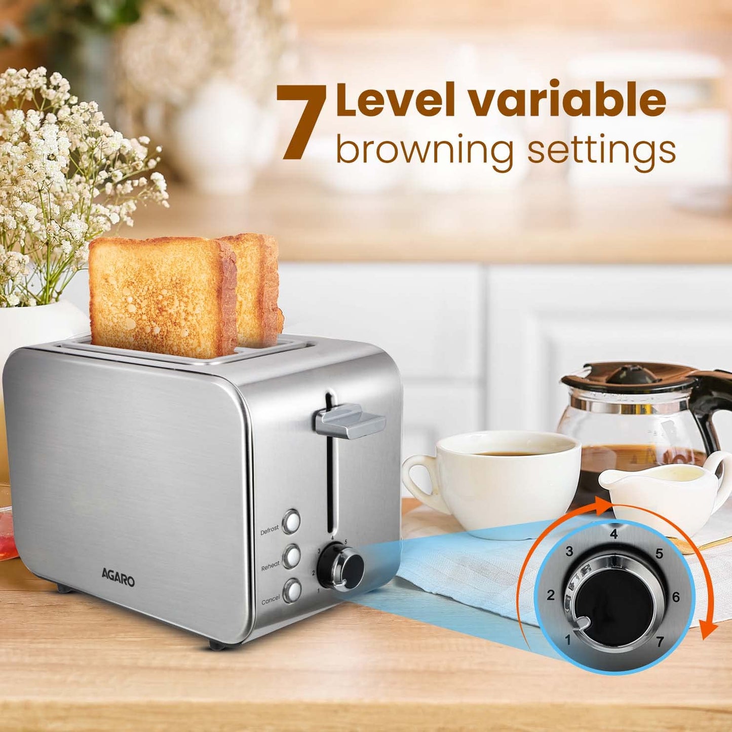AGARO GRAND 2 Slice Stainless Steel Pop-Up Toaster – 850W Bread Toaster with Reheat, Defrost & Cancel Functions, Variable Browning Control & Removable Crumb Tray for Perfect Breakfast Toasts