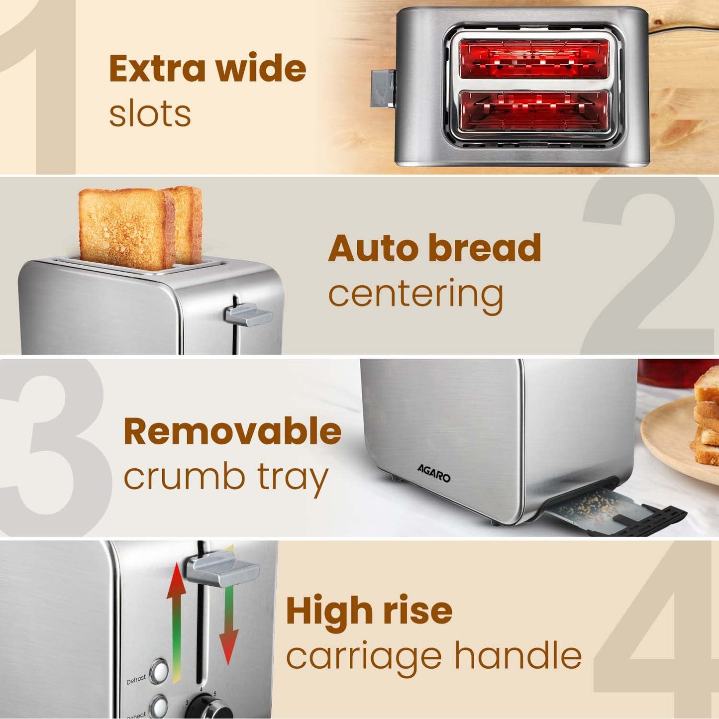 AGARO GRAND 2 Slice Stainless Steel Pop-Up Toaster – 850W Bread Toaster with Reheat, Defrost & Cancel Functions, Variable Browning Control & Removable Crumb Tray for Perfect Breakfast Toasts