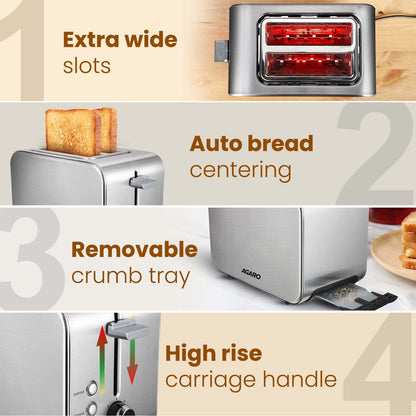 AGARO GRAND 2 Slice Stainless Steel Pop-Up Toaster – 850W Bread Toaster with Reheat, Defrost & Cancel Functions, Variable Browning Control & Removable Crumb Tray for Perfect Breakfast Toasts