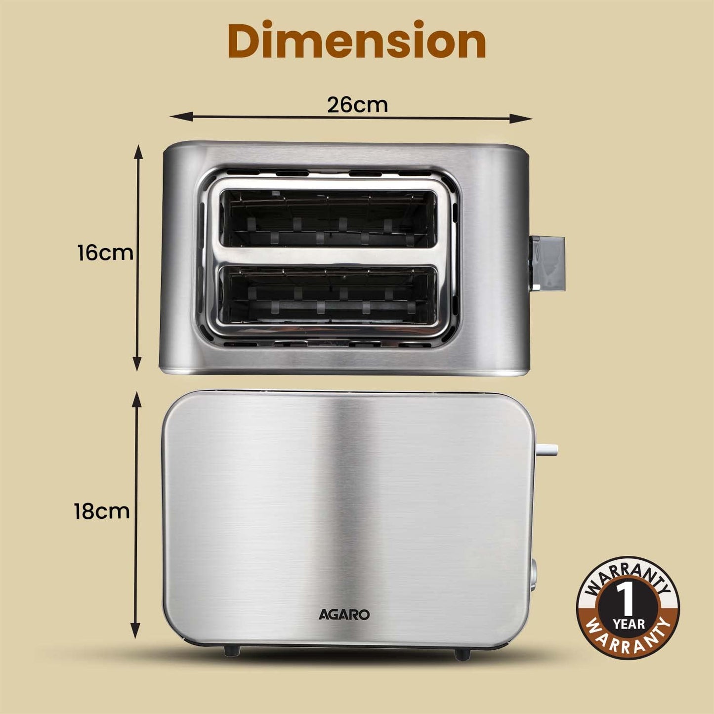 AGARO GRAND 2 Slice Stainless Steel Pop-Up Toaster – 850W Bread Toaster with Reheat, Defrost & Cancel Functions, Variable Browning Control & Removable Crumb Tray for Perfect Breakfast Toasts