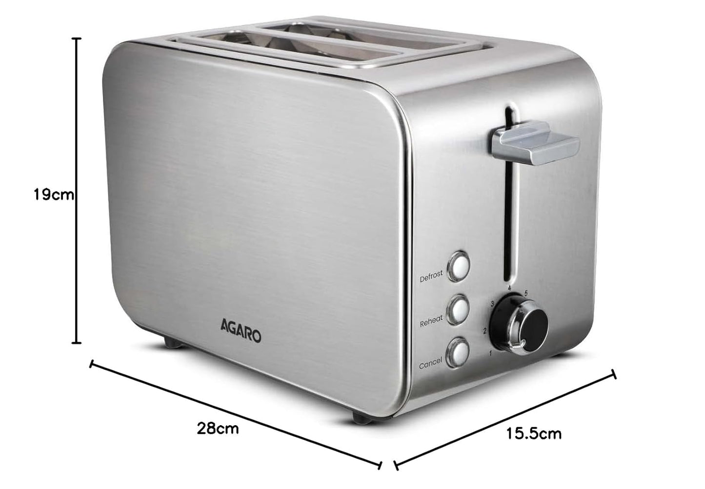 AGARO GRAND 2 Slice Stainless Steel Pop-Up Toaster – 850W Bread Toaster with Reheat, Defrost & Cancel Functions, Variable Browning Control & Removable Crumb Tray for Perfect Breakfast Toasts