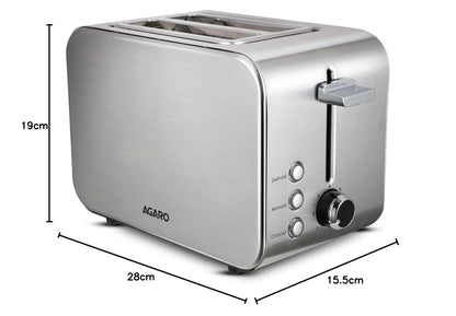AGARO GRAND 2 Slice Stainless Steel Pop-Up Toaster – 850W Bread Toaster with Reheat, Defrost & Cancel Functions, Variable Browning Control & Removable Crumb Tray for Perfect Breakfast Toasts